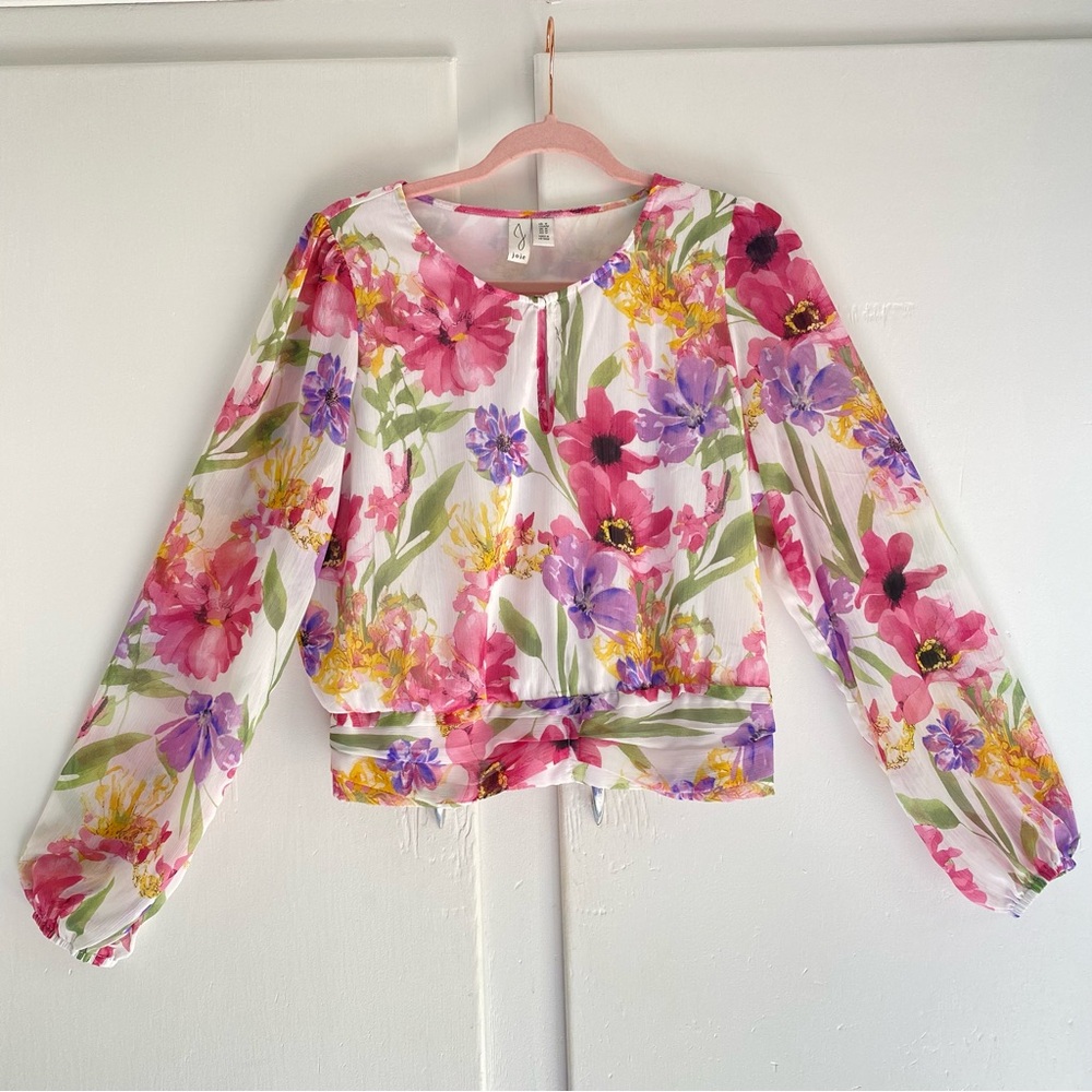 Joie Floral Blouse Pink, Purple Yellow Ruched Waist Illusion Sheer Puff Sleeves